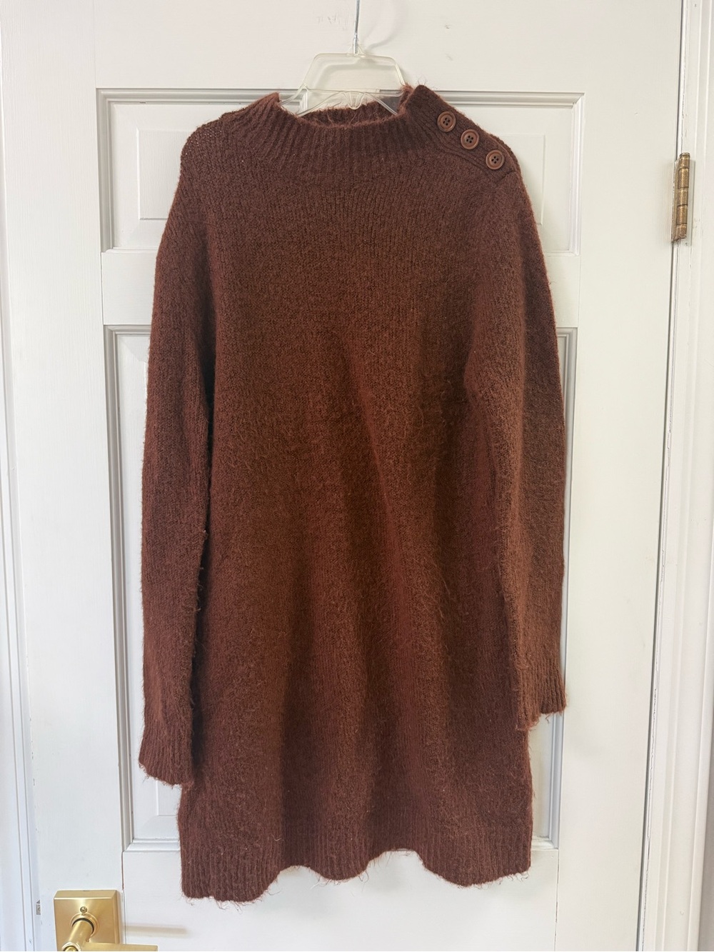 Women’s Brown Button-Shoulder Cowl Sweater Tunic